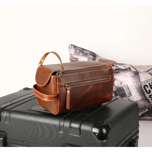 Unisex Orange Tan Premium Buffalo Leather Toiletry Bag Travel Shaving kit - Picture 8 of 10